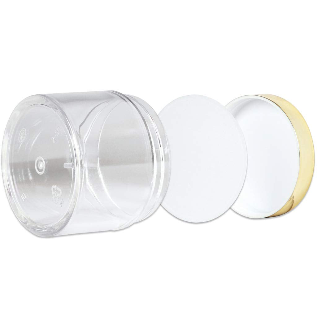 Beauticom 60 Grams/60 ML (2 Oz) Round Clear Leak Proof Plastic Container Jars with Gold Lids for Travel Storage Makeup Cosmetic Lotion Scrubs Creams Oils Salves Ointments (6 Jars)